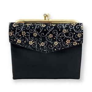 1950's black saddle leather gold floral kiss-lock wallet
